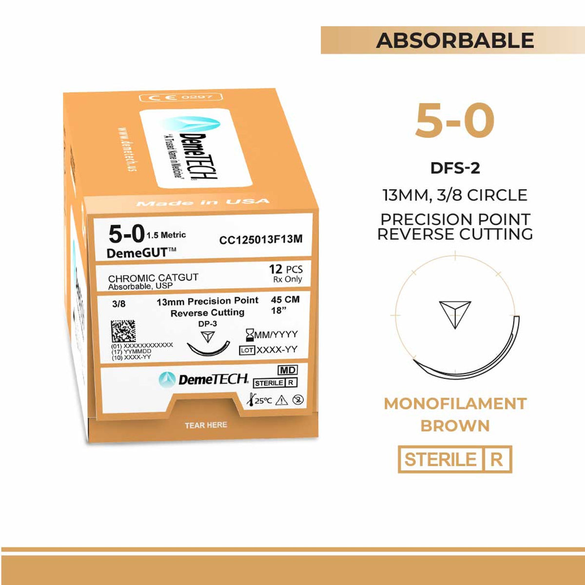 Chromic Gut, 5-0, 18", DP-3 Absorbable Suture, Precision Point Reverse Cutting, Brown 12/Box